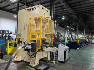 Servo feeder and high-speed punch press for pre-punching holes on the strut channel roll forming machine line