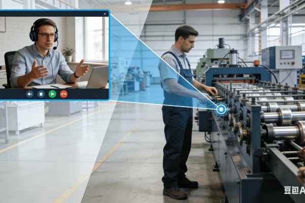 Um técnico usando um tablet para uma videochamada para aprender como instalar remotamente uma máquina de perfilagem com o suporte da Beli RollForming.