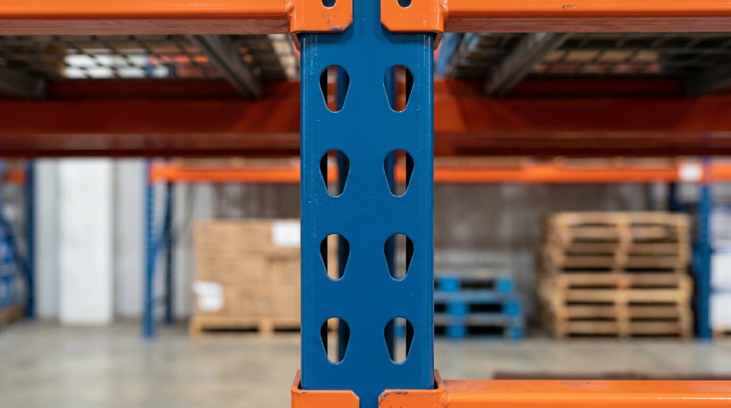 Close-up photo of a heavy steel upright showing perfectly punched teardrop holes